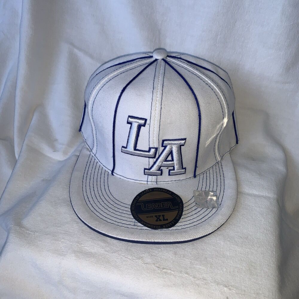 Leader In Headwear LA Fitted Baseball Hat / Cap Size XL White And Blue EUC